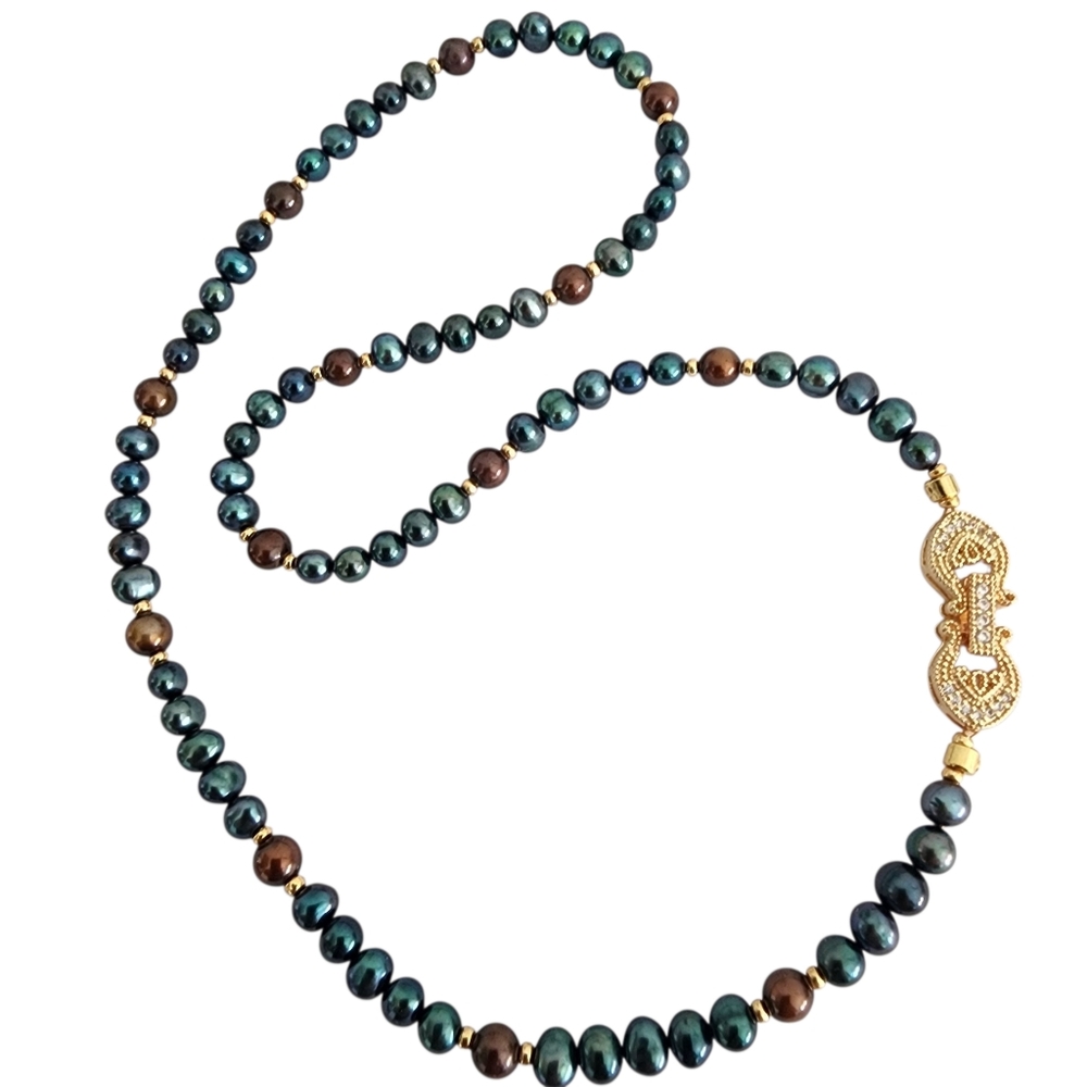 Artisan pearl necklace gold filigree clasp blue brown baby pearls A0214 -Q2 -Q5